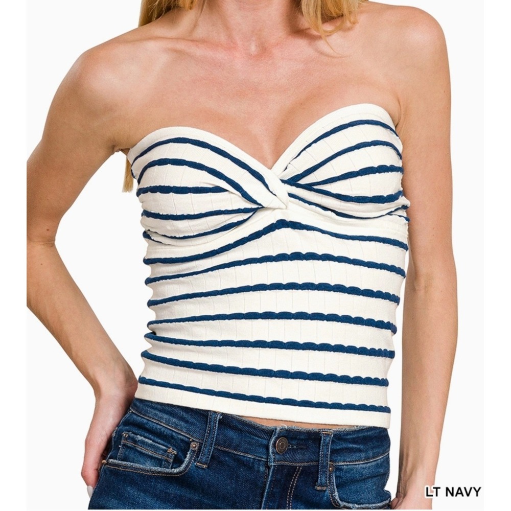 Zenana Twisted Sweetheart Neck Striped Tube Top Navy Ivory Ribbed small